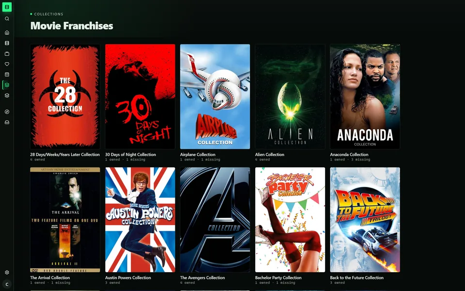 Movie franchises grid showing how many films of each collection you own