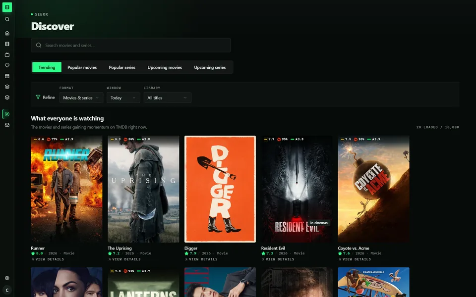 Discover page with trending films and series and their ratings